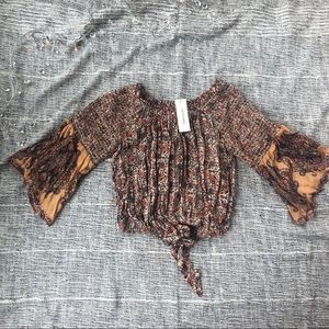 “Blue Rain” Bell Sleeve Tie Crop Top